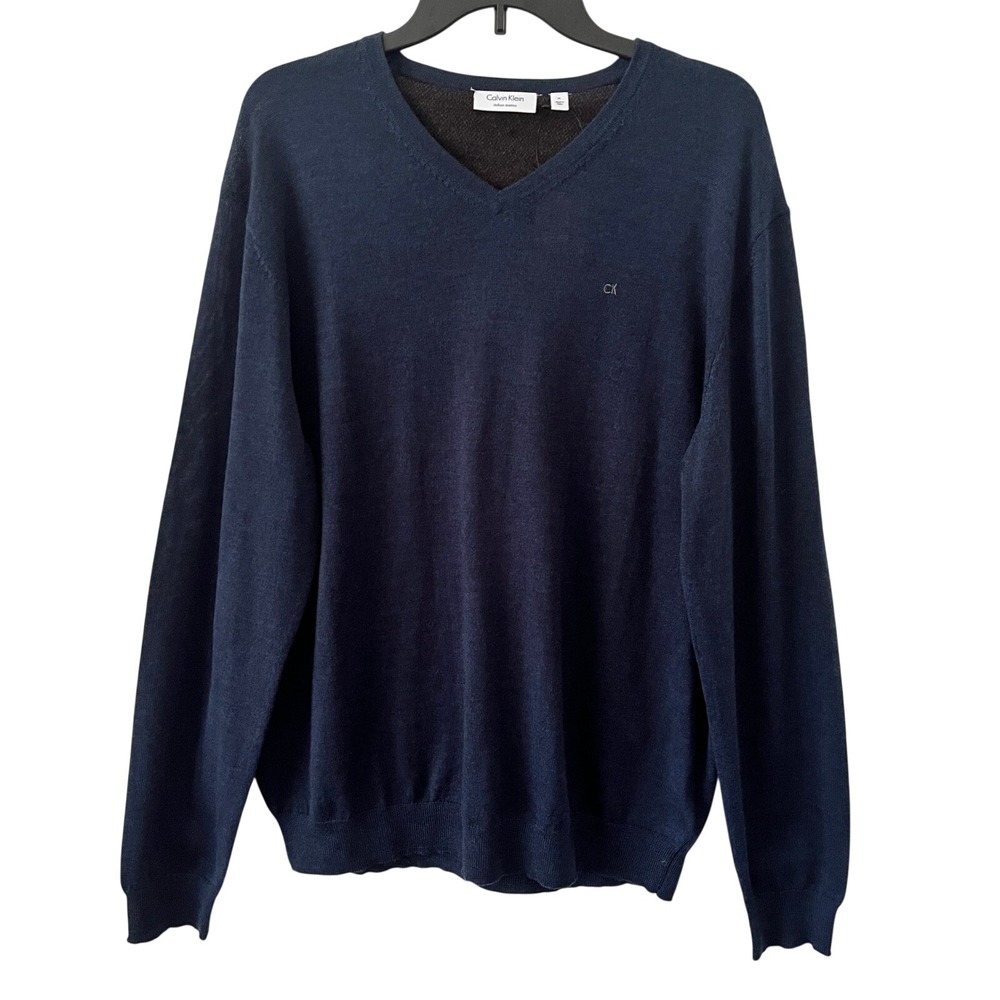 Calvin Klein Mens‎ Italian Merino Wool V-Neck Sweater Navy Blue Zimone XL Preppy